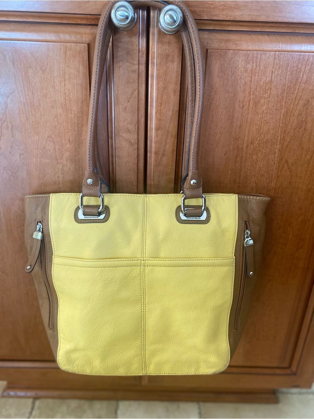 Tignanello Yellow and Brown Leather Tote with Dual Handles